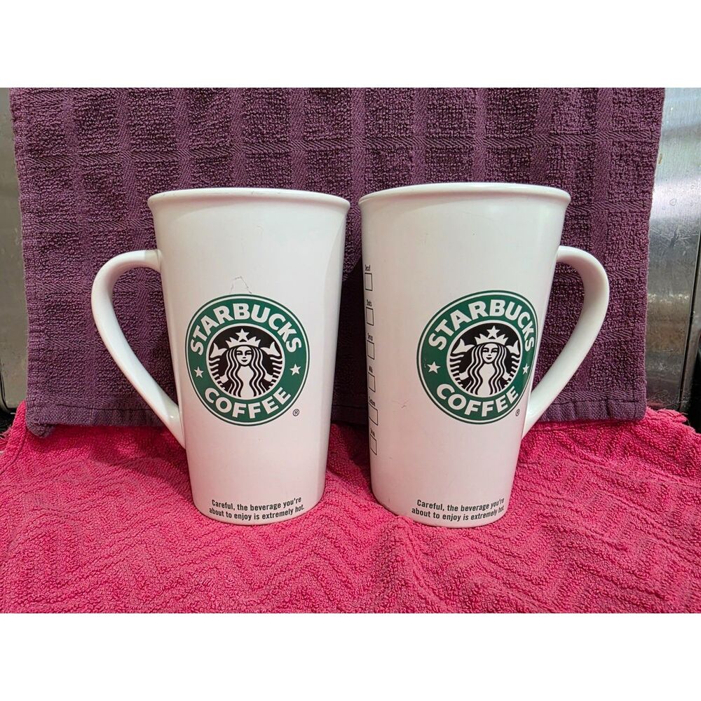 Set of 2 Starbucks Coffee Mugs 2005 White Ceramic Tall Latte Cups (16 oz)